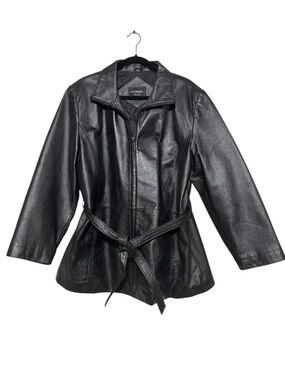 Outbrook Black Leather Belted Jacket Coat Women Size 2X Classic Fall Chic Winter